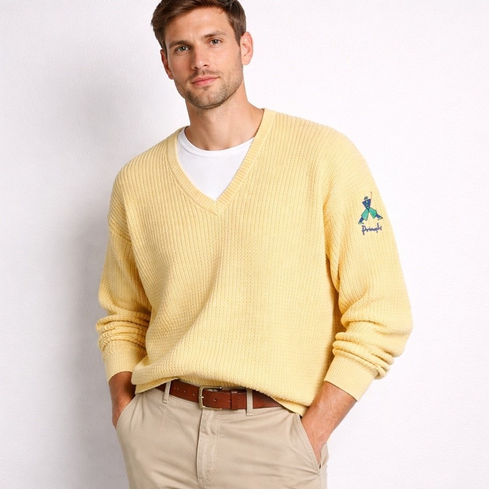 Vintage Pringle Nick Faldo Mens V Neck Sweater Sz L Yellow Cotton Golf 90s Logo